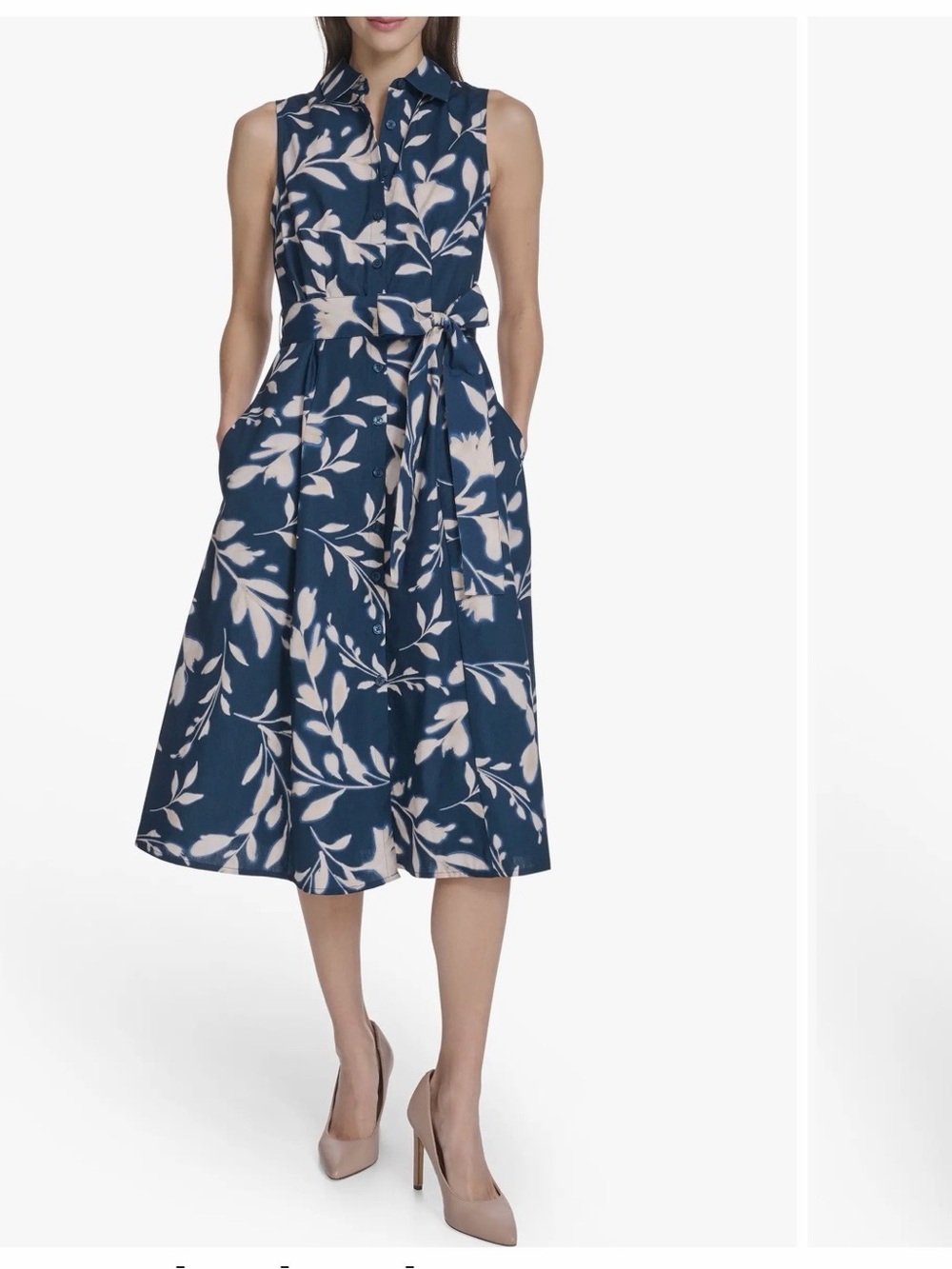 Calvin Klein Navy Blue and Cream Sleeveless Tie-Waist Midi Dress